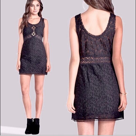 Free People Daisy Chain Semi Sheer Lace Shift Dress Womens Large Black Boho Mini - Picture 16 of 16